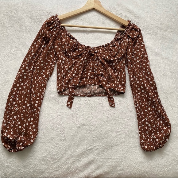 PacSun Cropped Brown Billowy Sleeve Floral Print Top - Picture 3 of 10